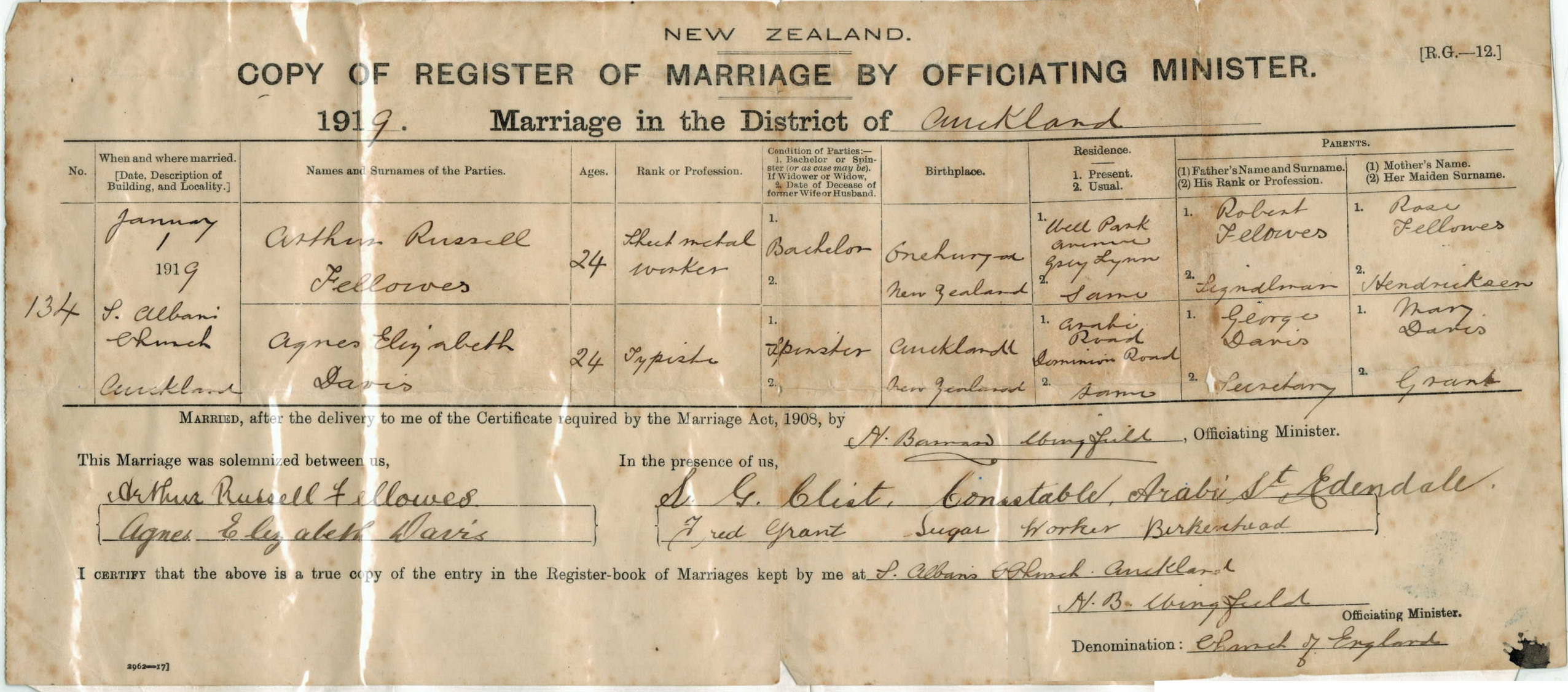 Arthur's Marriage Certificate to Agnes