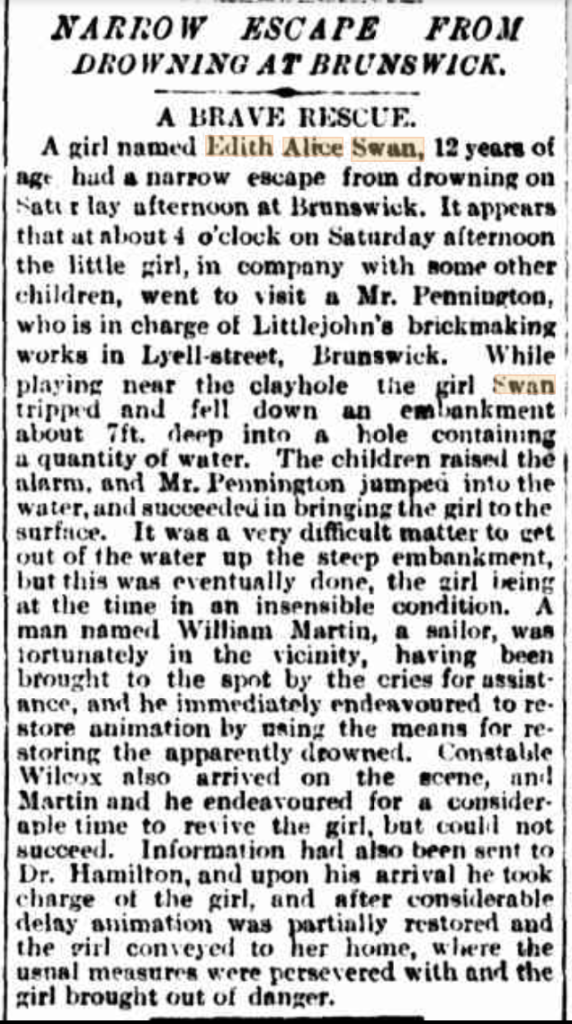 Newspaper article reporting Edith's near-drowning incident