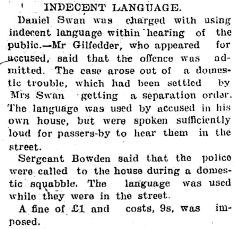 Newspaper report of Daniel being charged with indecent language